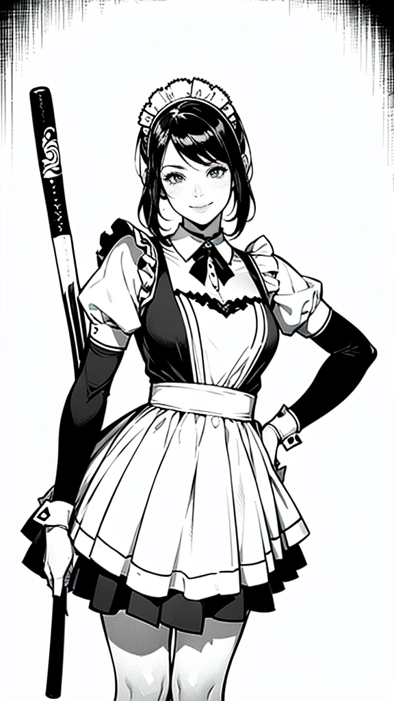 (masterpiece:1.2, Highest quality),(Line art),(Monochrome),(Very detailed),8K,wallpaper,1 female,Cute face,smile,((Maid in a maid café)),((betterhand)),Random hairstyle,Random pose,Beautiful female hands,((lineart, monochrome)),BREAK(((maid cafe))),(((swinging the baseball bat))),((a girl in gothic costume standing))