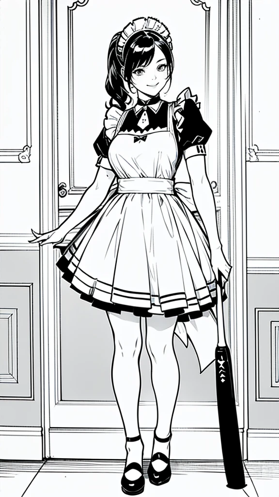 (masterpiece:1.2, Highest quality),(Line art),(Monochrome),(Very detailed),8K,wallpaper,1 female,Cute face,smile,((Maid in a maid café)),((betterhand)),Random hairstyle,Random pose,Beautiful female hands,((lineart, monochrome)),BREAK(((maid cafe))),(((swinging the baseball bat))),((a girl in gothic costume standing))