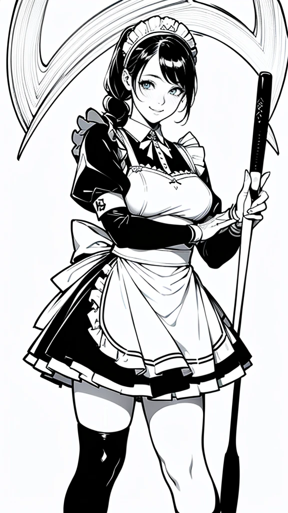 (masterpiece:1.2, Highest quality),(Line art),(Monochrome),(Very detailed),8K,wallpaper,1 female,Cute face,smile,((Maid in a maid café)),((betterhand)),Random hairstyle,Random pose,Beautiful female hands,((lineart, monochrome)),BREAK(((maid cafe))),(((swinging the baseball bat))),((a girl in gothic costume standing))