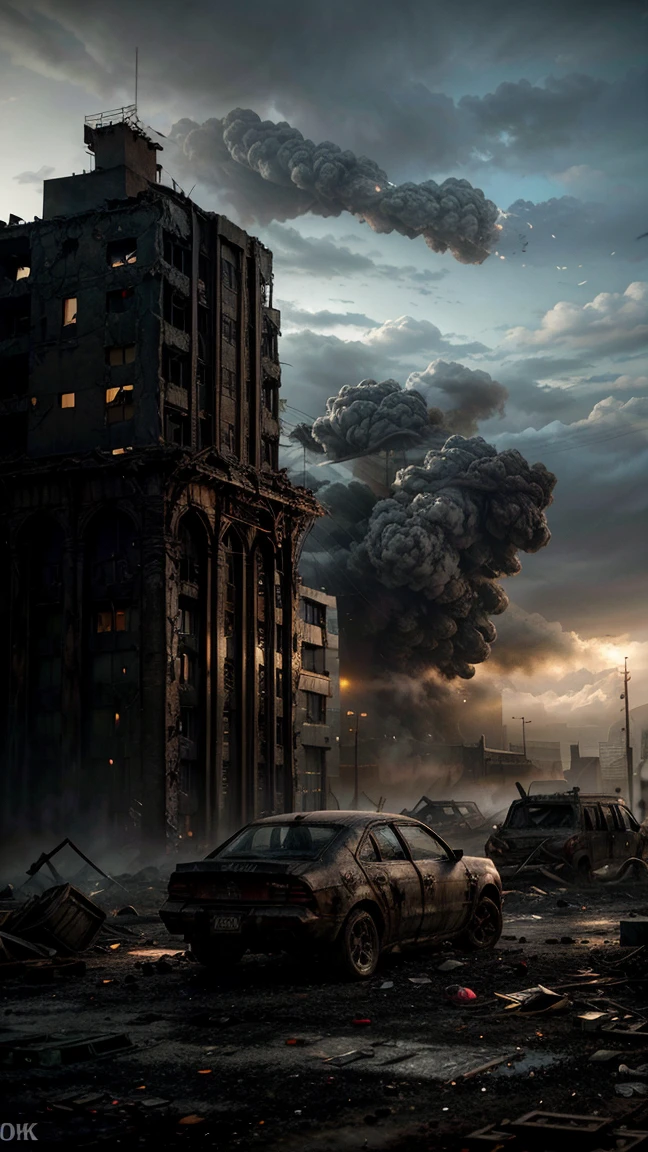 a post-apocalyptic ruined city, collapsed buildings, rusted vehicles, debris everywhere, dark cloudy skies, smoke and ash floating in the air, (best quality,4k,8k,highres,masterpiece:1.2),ultra-detailed,(realistic,photorealistic,photo-realistic:1.37),highly detailed, cinematic lighting, dramatic atmosphere, gritty, muted color palette, moody, desolate, abandoned, dystopian, concept art style