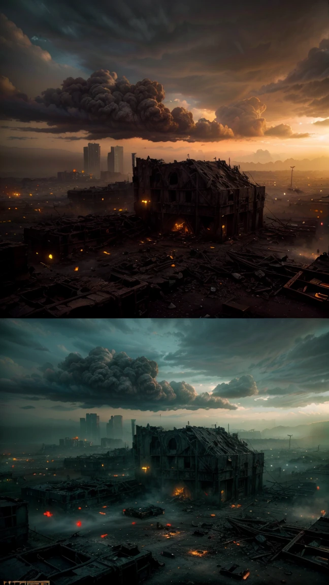 a post-apocalyptic ruined city, collapsed buildings, rusted vehicles, debris everywhere, dark cloudy skies, smoke and ash floating in the air, (best quality,4k,8k,highres,masterpiece:1.2),ultra-detailed,(realistic,photorealistic,photo-realistic:1.37),highly detailed, cinematic lighting, dramatic atmosphere, gritty, muted color palette, moody, desolate, abandoned, dystopian, concept art style