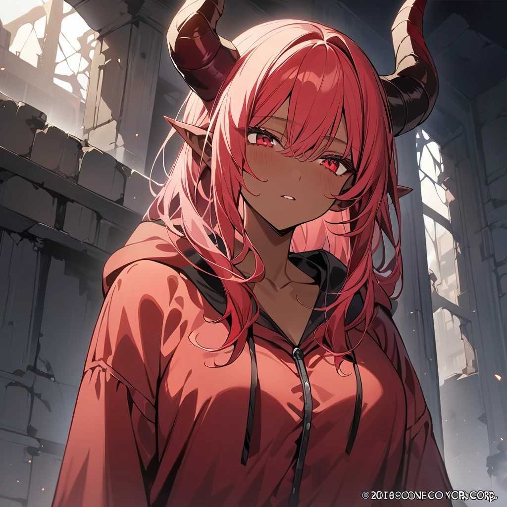 (masterpiece, top quality, best quality, official art, sfw), 1girl, demon, horns, tan skin, light red hair, late 20s, black hoodie pyjamas, big chest, crimson red eyes, inside abandoned tower, upper body, face focused, standing