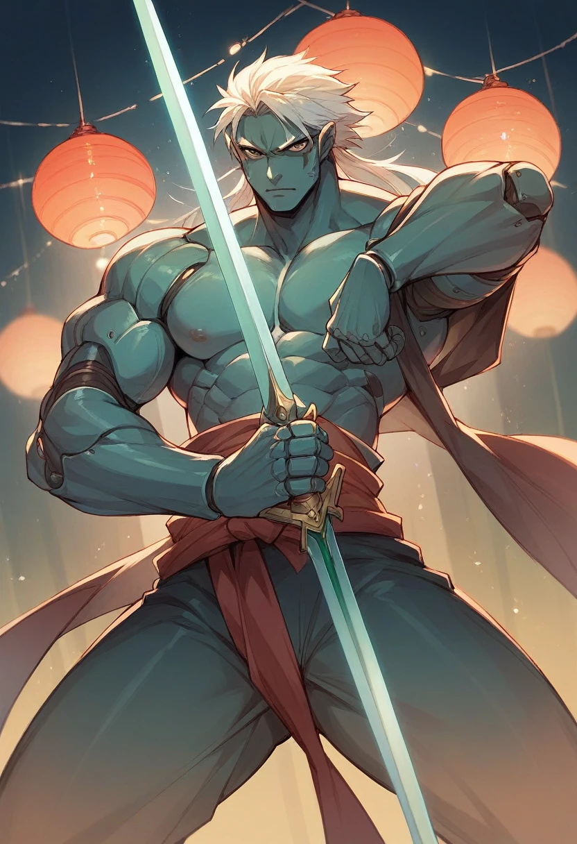 Create for me an image of a robot samurai warrior holding a green sword with his body full of blue details with lights