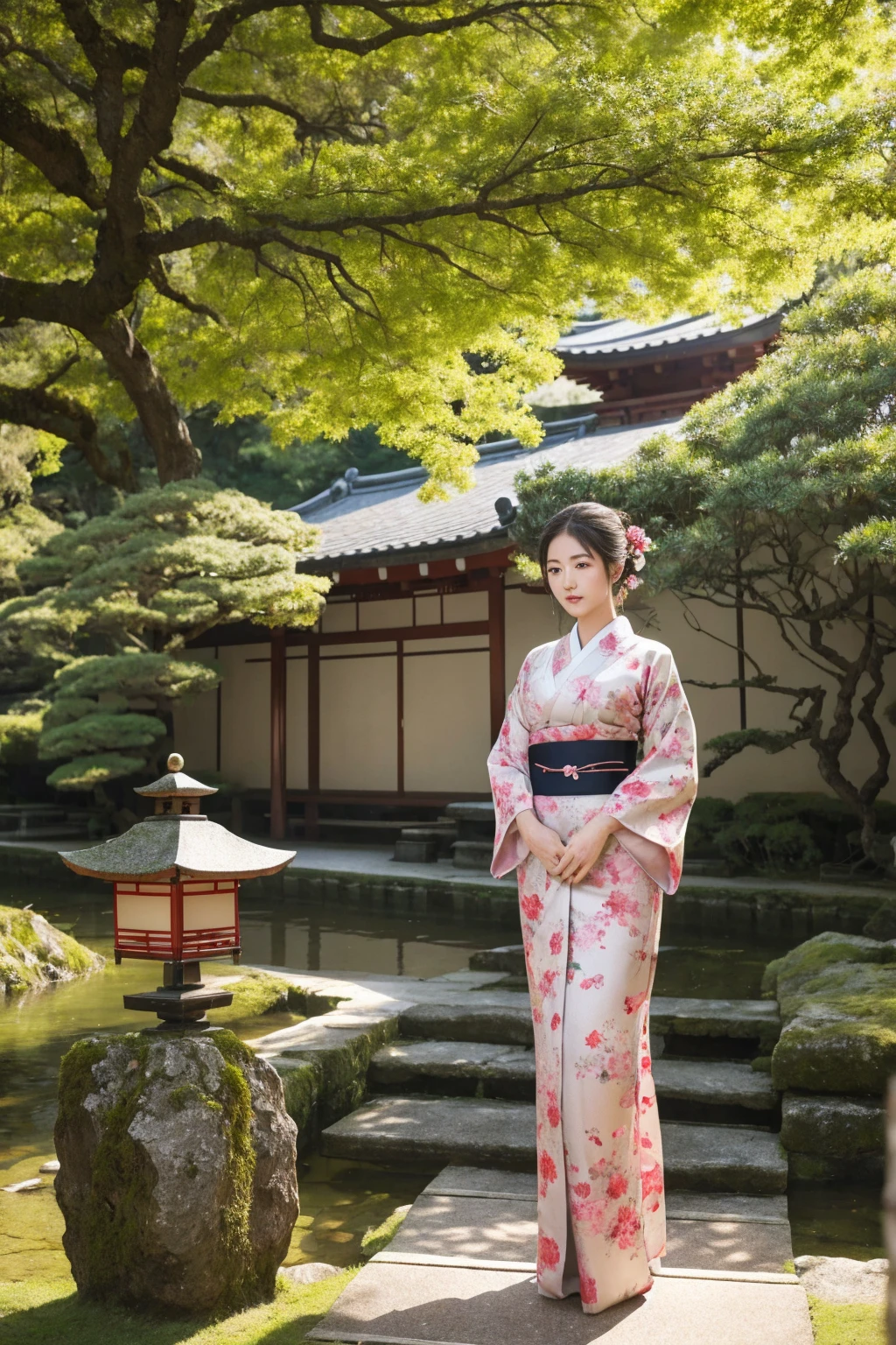 beautiful woman in traditional japanese kimono, elegant and graceful, standing in a tranquil japanese shrine surrounded by lush nature, (best quality,4k,8k,highres,masterpiece:1.2),ultra-detailed,(realistic,photorealistic,photo-realistic:1.37),cinematic lighting,looking at viewer,intricate floral patterns,ornate hair ornaments,delicate facial features,soft lighting,cherry blossom trees,pagoda in the distance,stone lanterns,mossy rocks,serene atmosphere