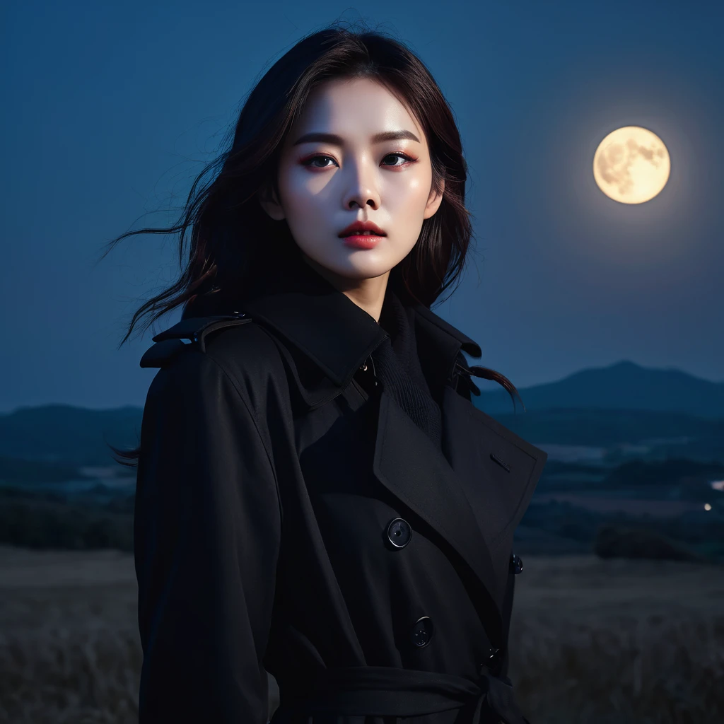 A woman with dark hair wearing a black trench coat、Detailed face、Beautiful Eyes、Graceful pose、Full moon night、Fantastic landscape、Dramatic lighting、gloomyな雰囲気、Calm colors、Cinematic composition、Exquisite detail、beautiful、mysterious、(Highest quality、4K、8K、High resolution、masterpiece:1.2)、Cinematic lighting、Dramatic Shadows、Calm colors、Fantasy、mysterious、dark、gloomy、Atmospheric