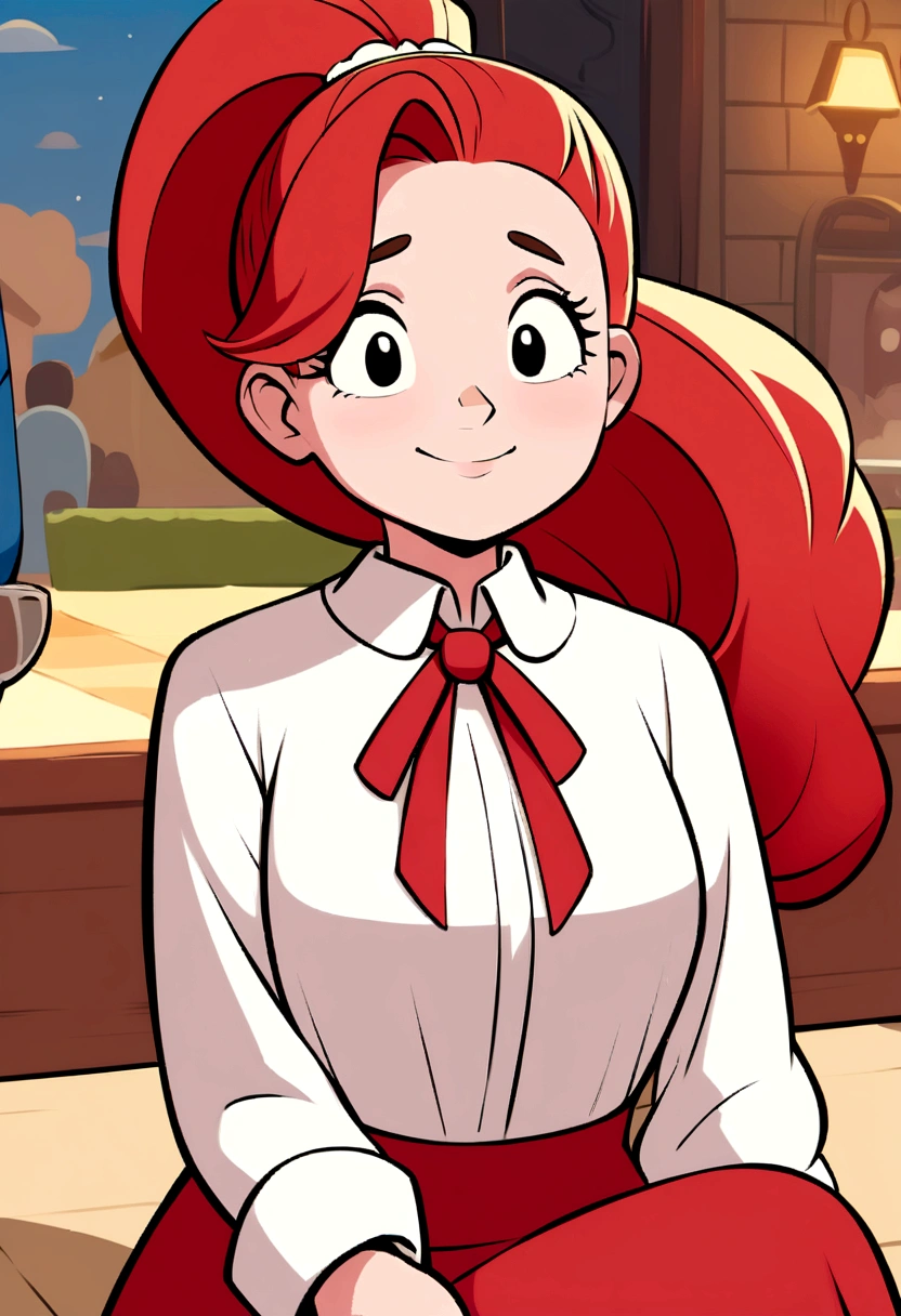 A woman in a red dress ties her hair in a ponytail and a man in a white shirt. Sitting at a wedding A cartoon character in the style of disney+ pixar,