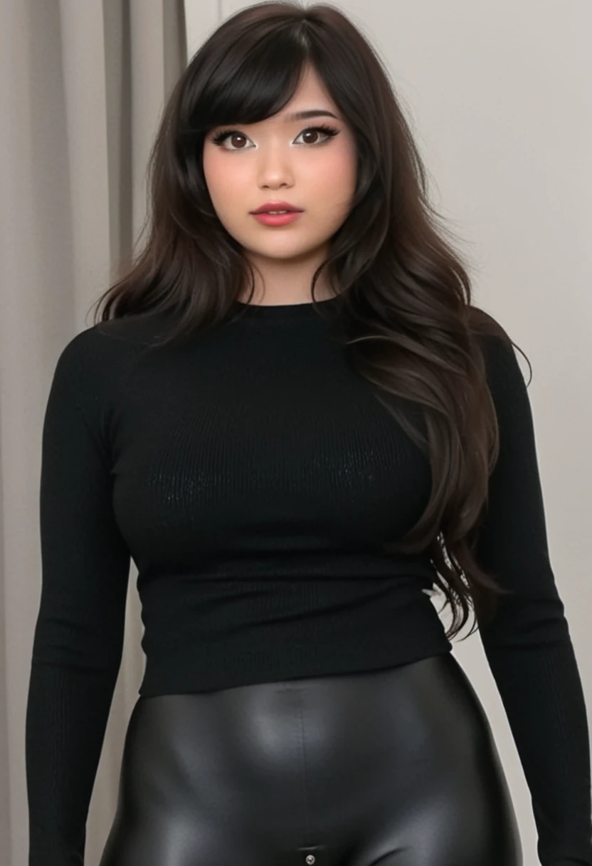 a girl, full headshot breasts, black sweater, emirulolxl, black leather pants, curvy body