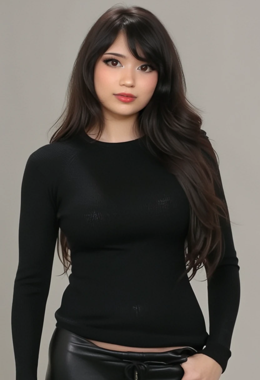 a girl, full headshot breasts, black sweater, emirulolxl, black leather pants, curvy body