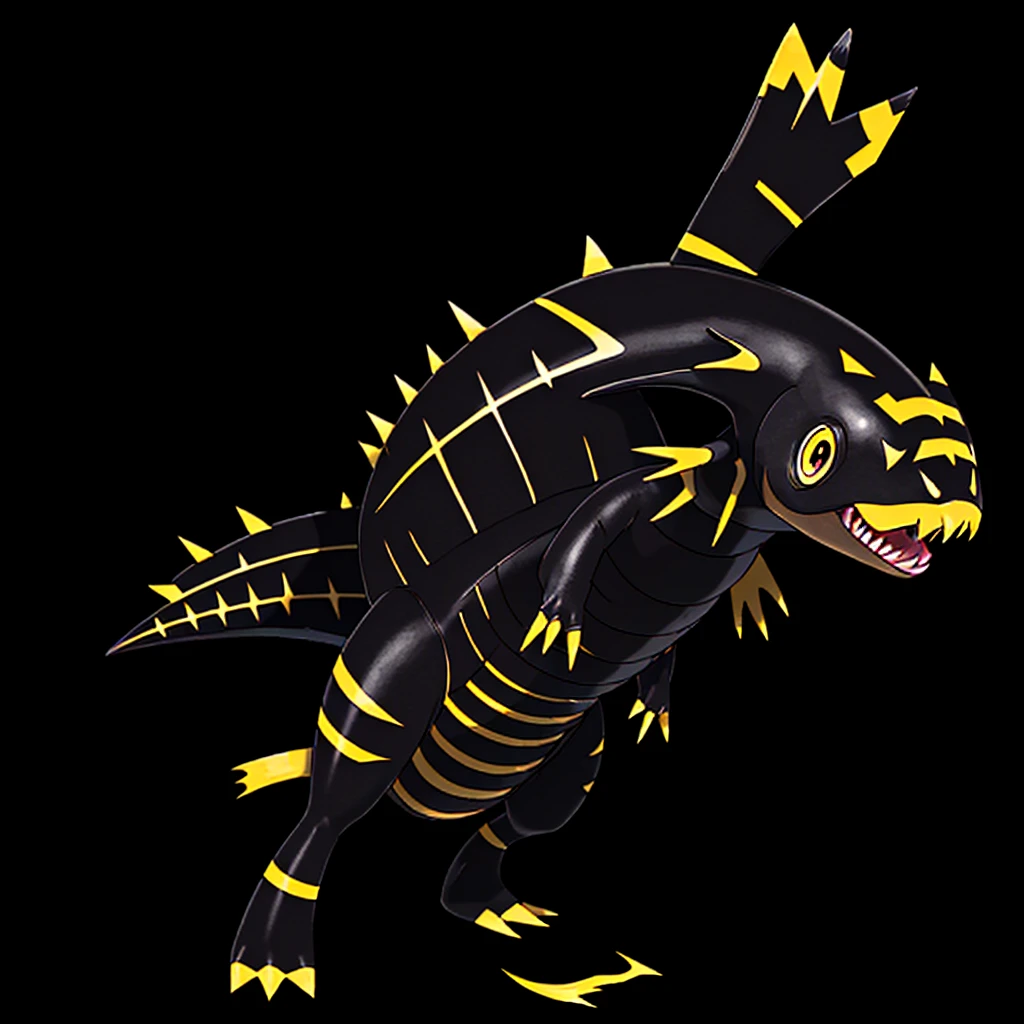 Pokemon salmon, evolved, Yellow eyes, Sharp teeth, legendary, rocky looking, skin colored underneath, black with yellow on top, black stripes on the upper part of the body, pointed tail