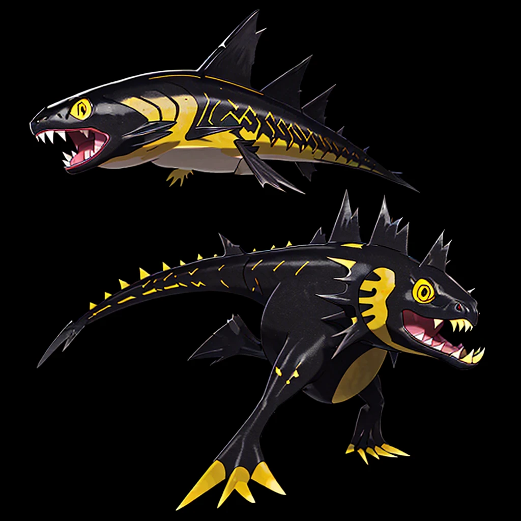 Pokemon salmon, evolved, Yellow eyes, Sharp teeth, legendary, rocky looking, skin colored underneath, black with yellow on top, black stripes on the upper part of the body, pointed tail