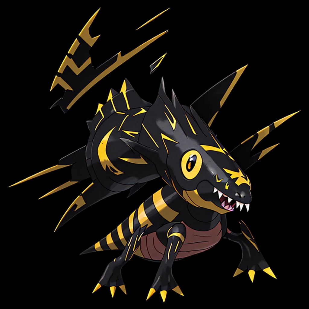 Pokemon salmon, evolved, Yellow eyes, Sharp teeth, legendary, rocky looking, skin colored underneath, black with yellow on top, black stripes on the upper part of the body, pointed tail