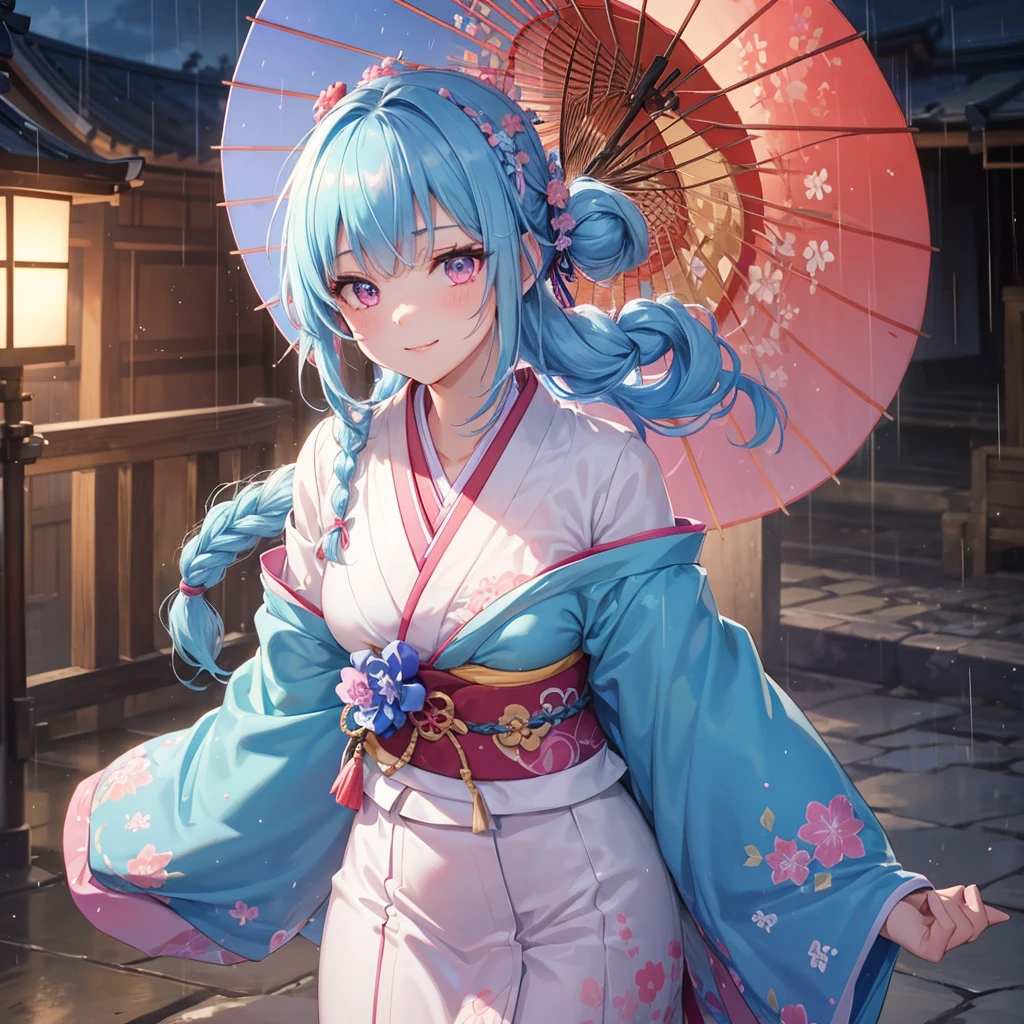 sky Blue hair, (braided ponytail),(pink eyes),fair skin ,(full body),(1 girl),smile,Straight Bangs,(masterpiece, best quality, ultra-detailed, best shadow), (detailed background), (beautiful detailed face), high contrast, (best illumination, an extremely delicate and beautiful), ((cinematic light)), colorful, hyper detail, dramatic light, intricate details,rain shower,kyoto,Japanese Umbrella,kimono,