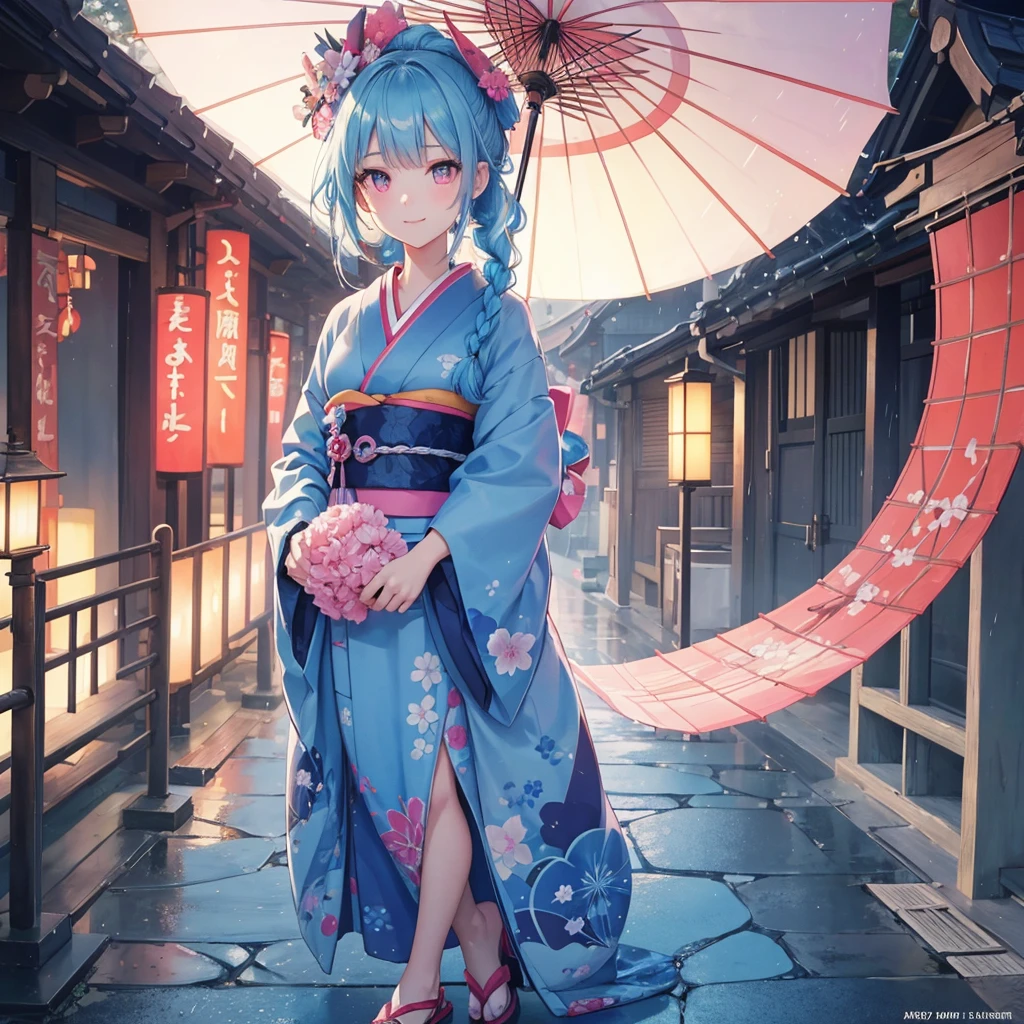 sky Blue hair, (braided ponytail),(pink eyes),fair skin ,(full body),(1 girl),smile,Straight Bangs,(masterpiece, best quality, ultra-detailed, best shadow), (detailed background), (beautiful detailed face), high contrast, (best illumination, an extremely delicate and beautiful), ((cinematic light)), colorful, hyper detail, dramatic light, intricate details,rain shower,kyoto,Japanese Umbrella,kimono,