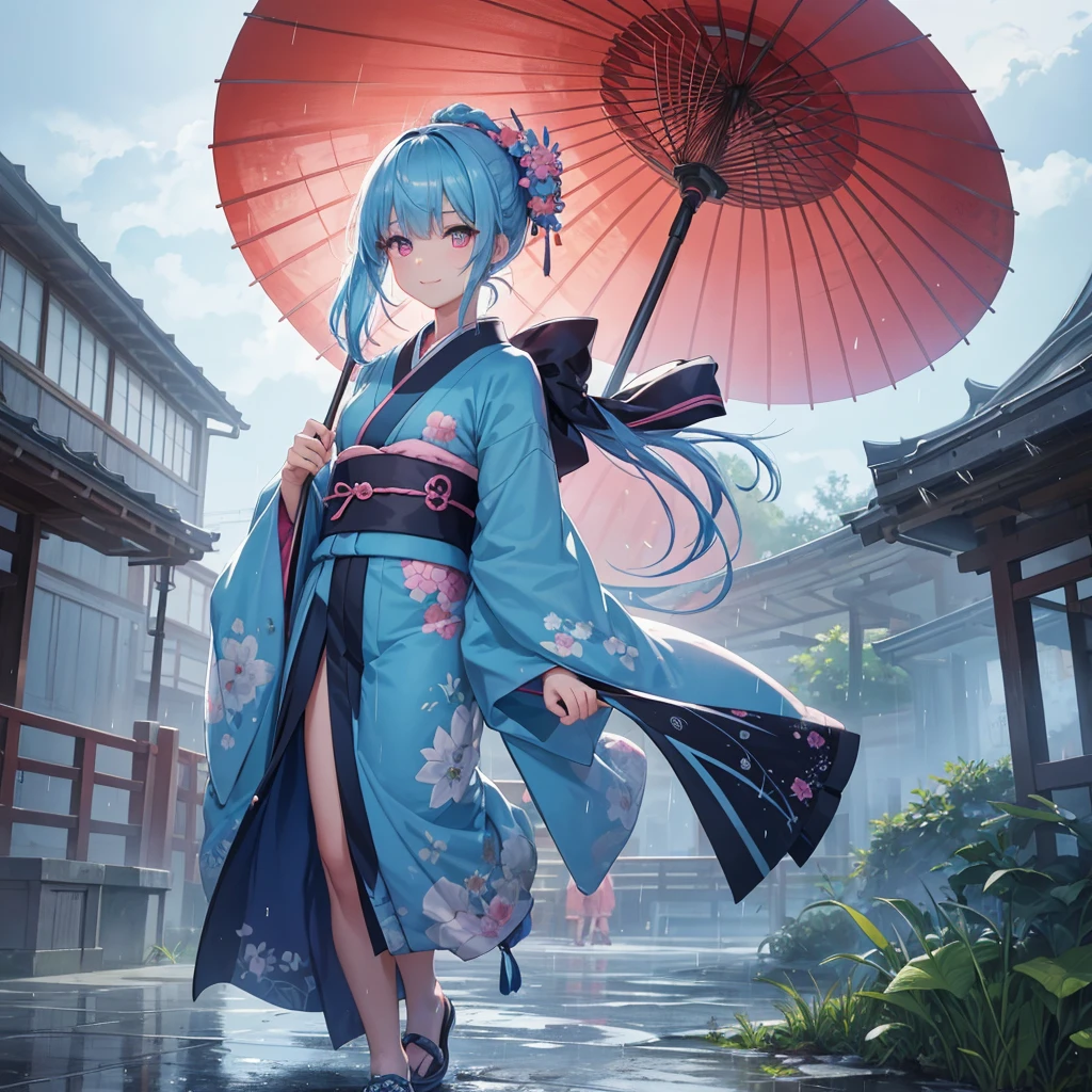 sky Blue hair, (braided ponytail),(pink eyes),fair skin ,(full body),(1 girl),smile,Straight Bangs,(masterpiece, best quality, ultra-detailed, best shadow), (detailed background), (beautiful detailed face), high contrast, (best illumination, an extremely delicate and beautiful), ((cinematic light)), colorful, hyper detail, dramatic light, intricate details,rain shower,kyoto,Japanese Umbrella,kimono,