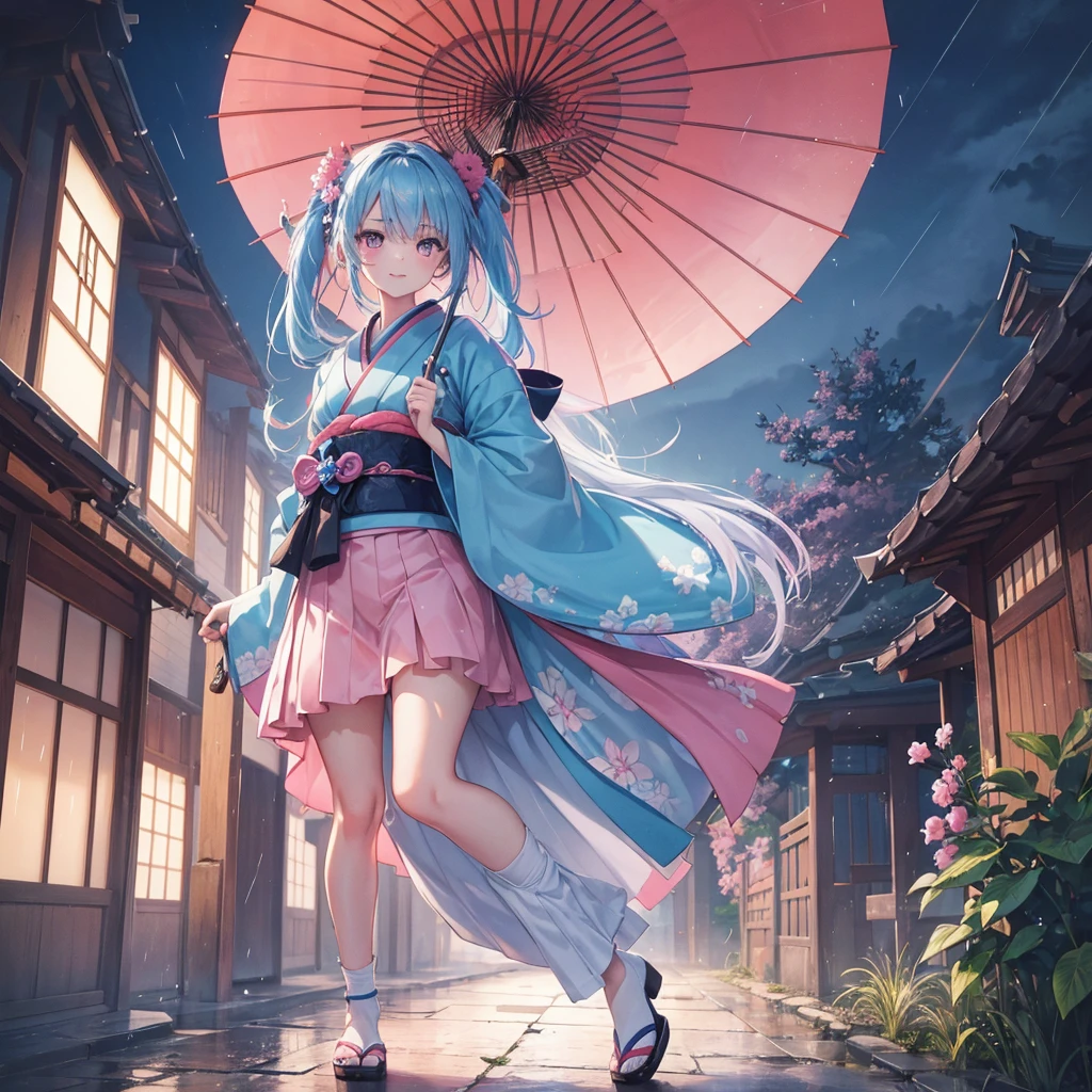 sky Blue hair, (braided ponytail),(pink eyes),fair skin ,(full body),(1 girl),smile,Straight Bangs,(masterpiece, best quality, ultra-detailed, best shadow), (detailed background), (beautiful detailed face), high contrast, (best illumination, an extremely delicate and beautiful), ((cinematic light)), colorful, hyper detail, dramatic light, intricate details,rain shower,kyoto,Japanese Umbrella,kimono,