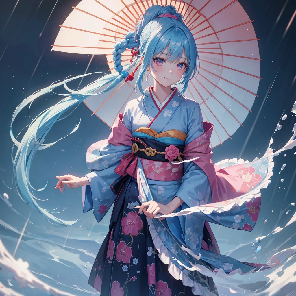 sky Blue hair, (braided ponytail),(pink eyes),fair skin ,(full body),(1 girl),smile,Straight Bangs,(masterpiece, best quality, ultra-detailed, best shadow), (detailed background), (beautiful detailed face), high contrast, (best illumination, an extremely delicate and beautiful), ((cinematic light)), colorful, hyper detail, dramatic light, intricate details,rain shower,kyoto,Japanese Umbrella,kimono,