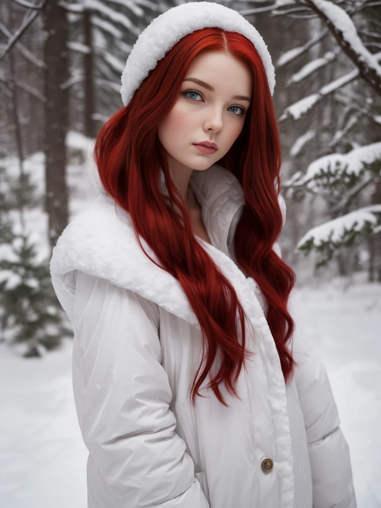 there is a woman with red hair posing in the snow, with red hair, very long snow colored hair, red haired goddess, haunting beautiful young woman, inspired by Karl Bryullov, red haired young woman, a redheaded young woman, in the snow, pale red, crimson red hair and red eyes, red head, red hair girl, in snow