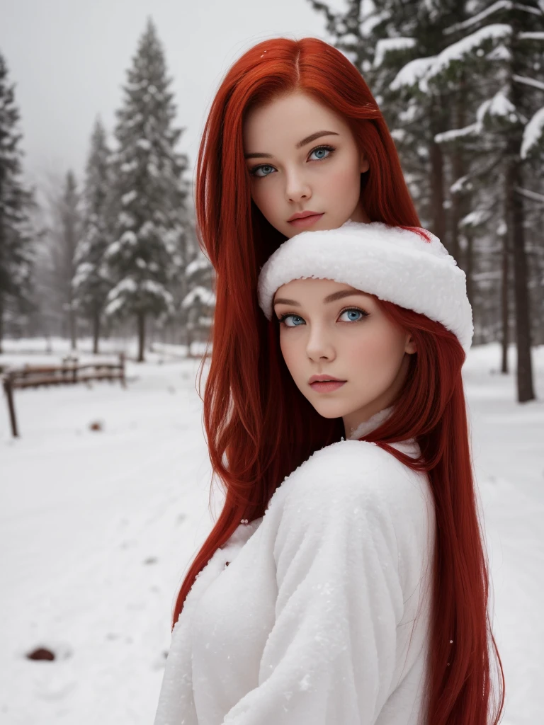 2 Girls with platinum blonde hair and the other with red hair, beautiful and perfect faces, ultra face details, smiling at camera, skin very white, NSFW, erotic, big round breasts, barefoot, ((Best Quality)), ((Masterpiece)), (detailed), walking in a very snowy forest, flakes of nine in the whole agency, snowing.