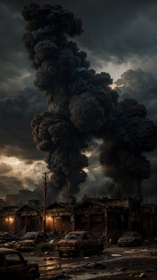 a ruined city, dilapidated buildings, rusted vehicles, debris everywhere, dark cloudy skies, smoke and ash floating in the air, cinematic lighting, muted color palette, dramatic atmosphere, highly detailed, 8k, masterpiece, photorealistic, award-winning digital art