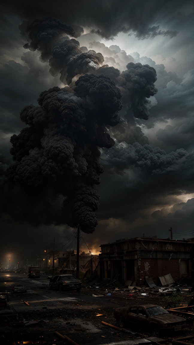 a ruined city, dilapidated buildings, rusted vehicles, debris everywhere, dark cloudy skies, smoke and ash floating in the air, cinematic lighting, muted color palette, dramatic atmosphere, highly detailed, 8k, masterpiece, photorealistic, award-winning digital art
