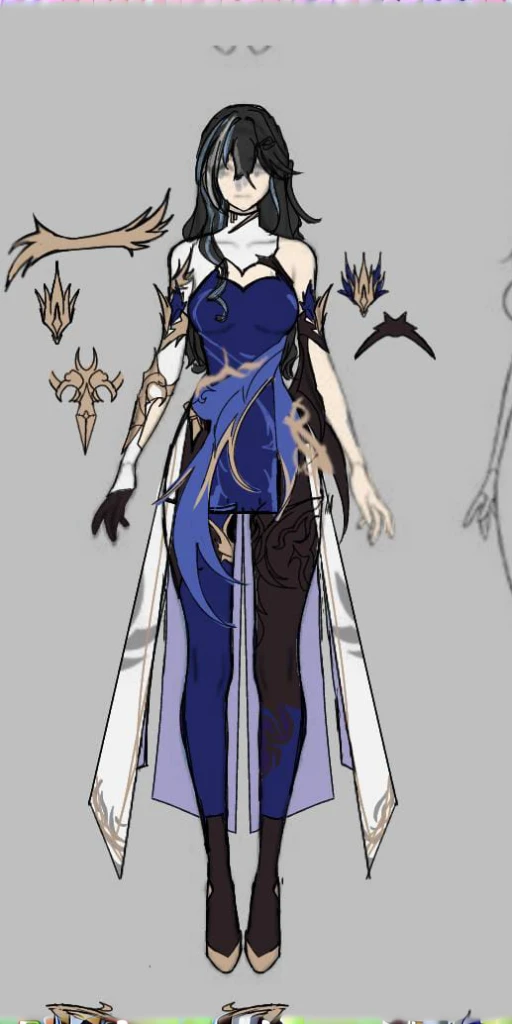 Oc Honkai Starrail, tall woman model with black hair with bangs like Ruan Mei, night blue eyes, bright white skin. wearing a cheongsam with a flat neckline like Jianxin from wuthering waves, the fabric from the neck-chest-right hand is white, with black gloves on right hand. The left hand is exposed with decorations like bird wings on the upper arm in gold, blue and black. while on the right hand the decoration is similar with wing-shaped decorations reaching the upper arm (almost to the shoulder) and gold armor on the lower arm. has chest window, backless clothes. he wears a hanfu that has flat ends that cover the chest to the upper thighs, with a scarf shaped like an indigo blue bird feather with gold patterns at the ends. wearing black pants with the right side dark blue like his clothes up to his thighs, wearing black ankle boots heels with a layer of bronze ornaments, has gold decorations on the stomach, wraps around the back.