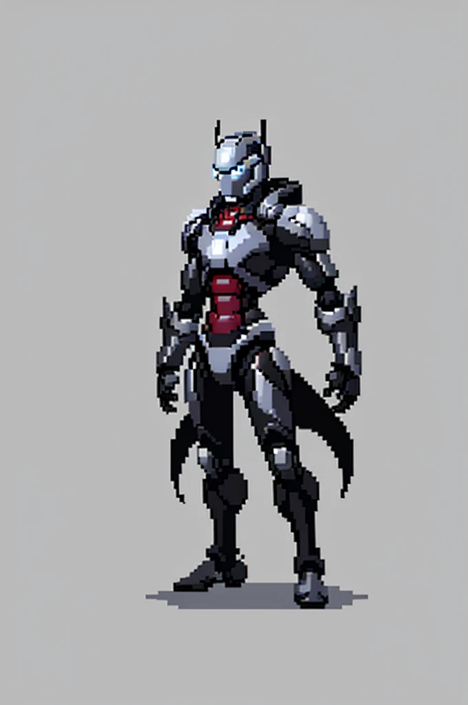 white background, ultra detailed, game protagonist, pixel art, humanoid black and gray slender mecha robot character using a cloak and floating like ironman, from sidescroller game