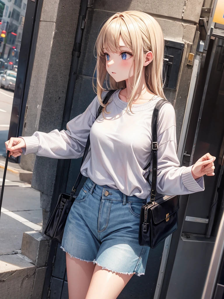 21 year old woman with blonde hair, Turquoise eyes, big , A short ponytail and a black bow are tied on the back... Wearing a white shirt and jeans shorts, he was sitting in front of his house in the rain. with sadness
