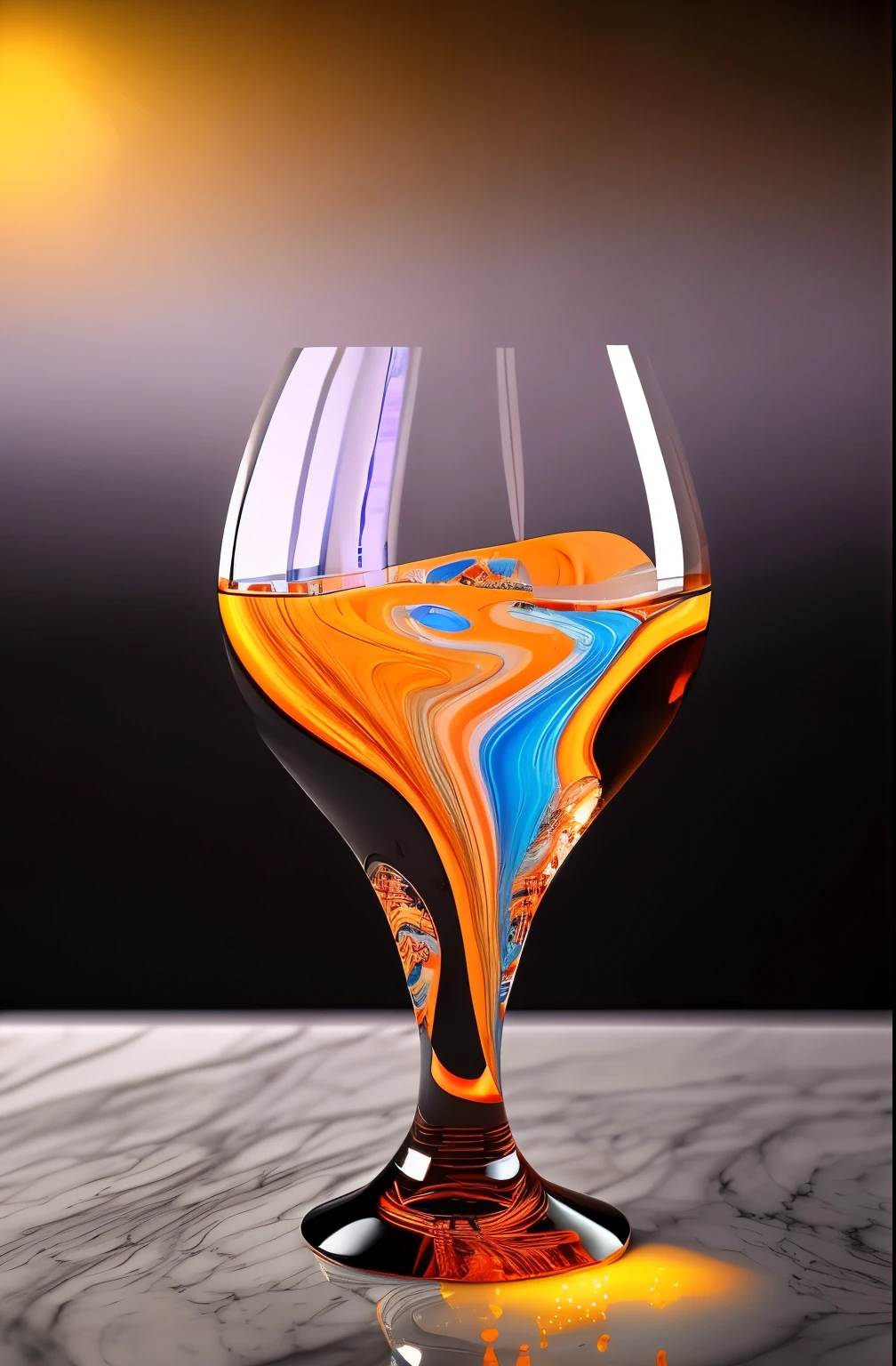 surreal glass shape, liquid glass, chromatic aberration, broken prism, refraction, light caustics, detailed illustration , oranges on a white marble table, deep purple velvet drapes, 8k, photography style,2 glasses with orange bioluminescent fluid in them, on a white marble table, bioluminescent, colorfull, glow,