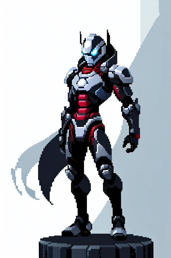 white background, ultra detailed, game protagonist, pixel art, humanoid black and gray slender mecha robot character using a cloak and floating like ironman, from sidescroller game