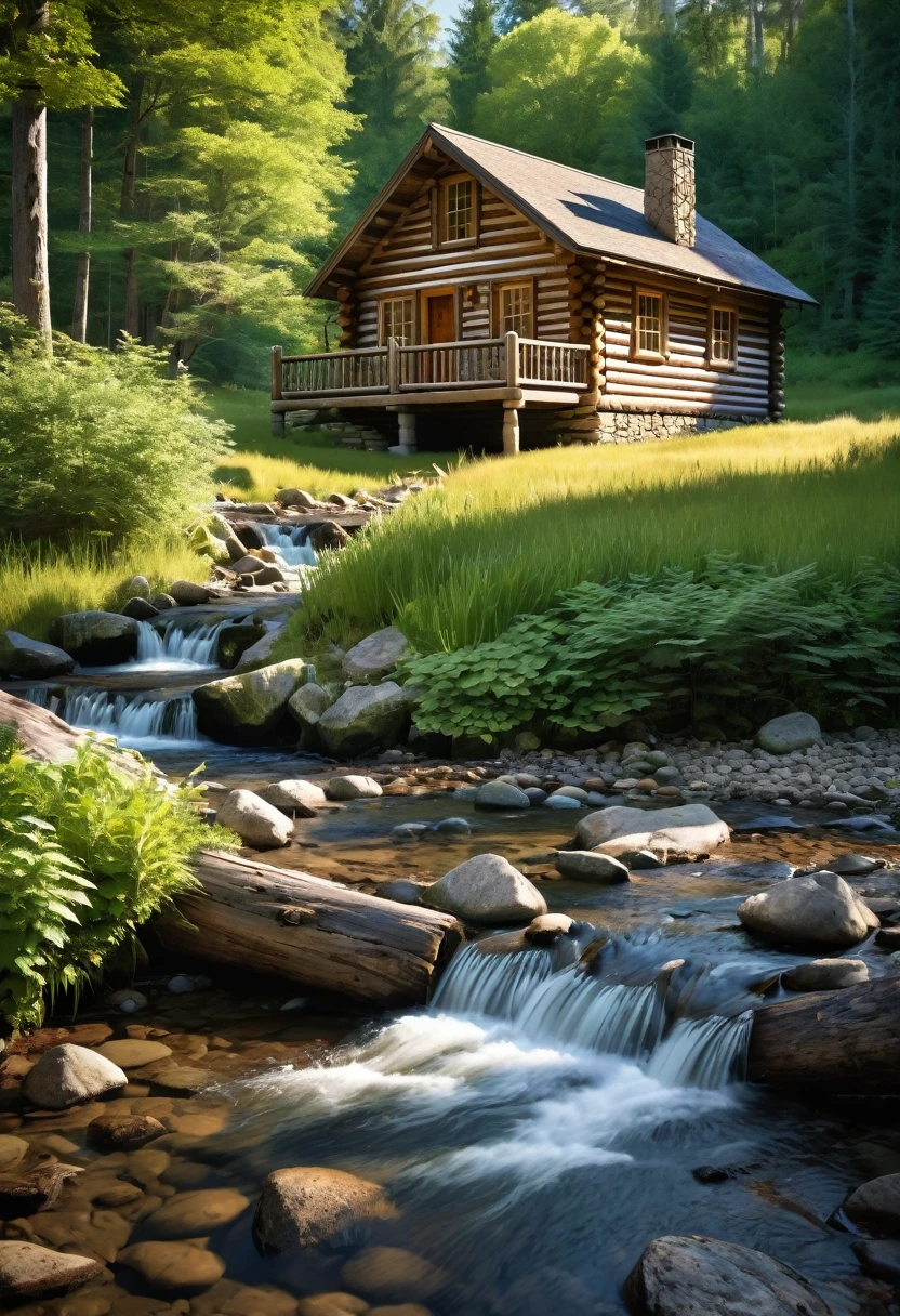 A charming log cabin, nestled amidst a serene forest, stands proudly by a babbling brook. Sunlight filters through the trees, casting warm shadows on the weathered wood, creating a sense of peace and tranquility.