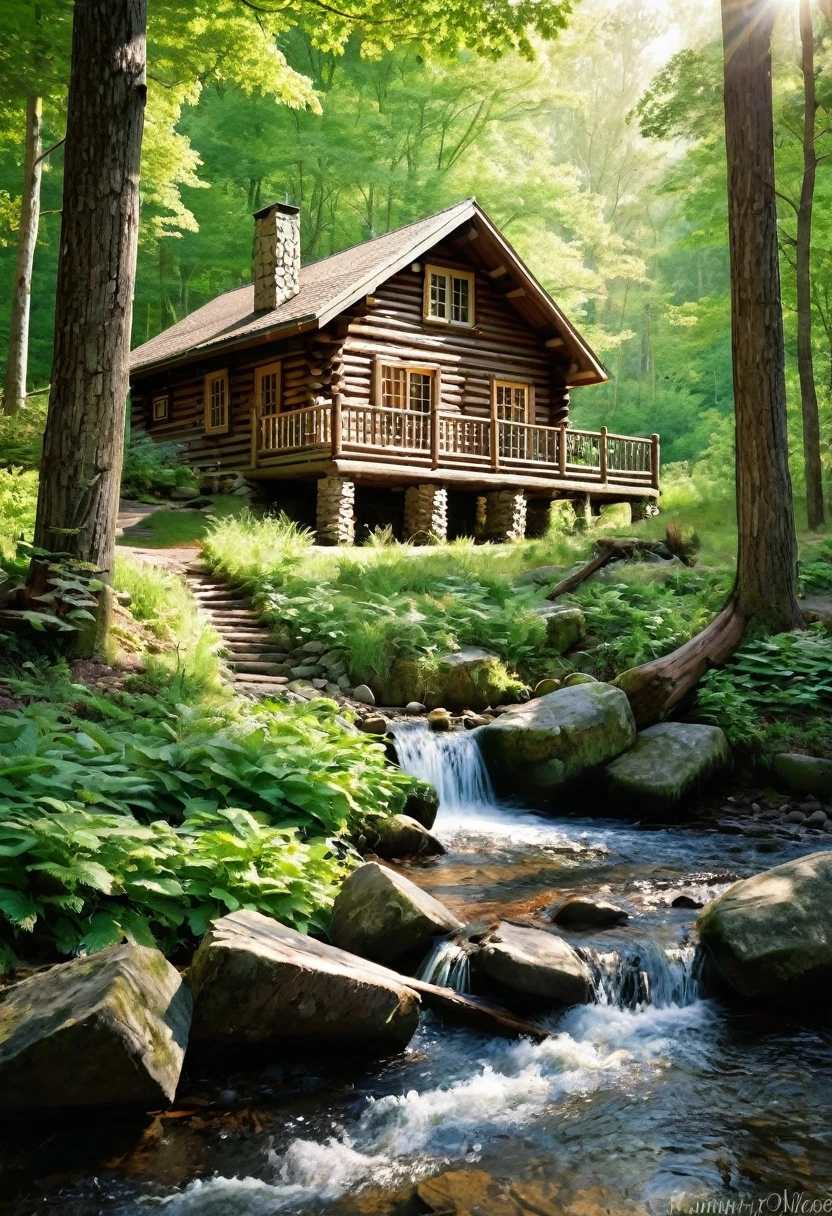 A charming log cabin, nestled amidst a serene forest, stands proudly by a babbling brook. Sunlight filters through the trees, casting warm shadows on the weathered wood, creating a sense of peace and tranquility.