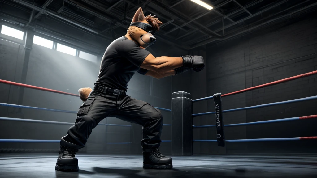 Chase from Paw Patrol, male shepherd, anthro, brown hair, blindfold, black shirt, black cargo pants, black boots, standing, fighting stance, tall, cold serious, detailed, solo, beautiful, high quality, 4K