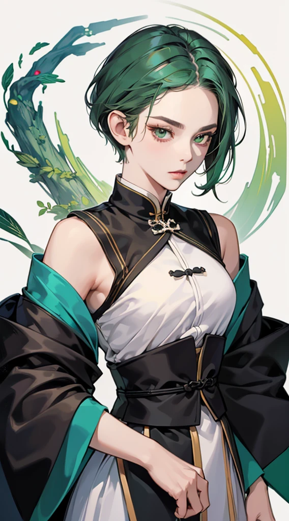 Masterpiece, Best quality, 1 Female, Mature Woman, Elder Sister, Royal Sister, Cold Face, strong, green eyes, short hair, smoky color hair, resolute eyes, simple white Taoist Taoist uniform, black accessories, sarashi, one shoulderancient, cigarette, Chinese mix morden, blank background, remove background