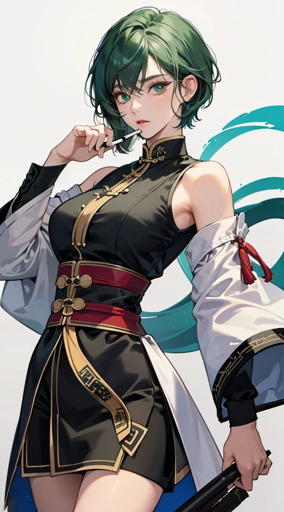 Masterpiece, Best quality, 1 Female, Mature Woman, Elder Sister, Royal Sister, Cold Face, strong, green eyes, short hair, smoky color hair, resolute eyes, simple white Taoist Taoist uniform, black accessories, sarashi, one shoulderancient, cigarette, Chinese mix morden, blank background, remove background
