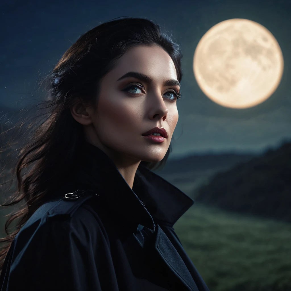 a dark-haired woman in a black trenchcoat, detailed face, beautiful eyes, elegant pose, full moon night, fantasy landscape, dramatic lighting, moody atmosphere, muted color palette, cinematic composition, intricate details, ethereal, mystical, (best quality,4k,8k,highres,masterpiece:1.2),ultra-detailed,(realistic,photorealistic,photo-realistic:1.37),cinematic lighting,dramatic shadows,muted color palette,fantasy,mystical,dark,moody,atmospheric, Magical, Magic
