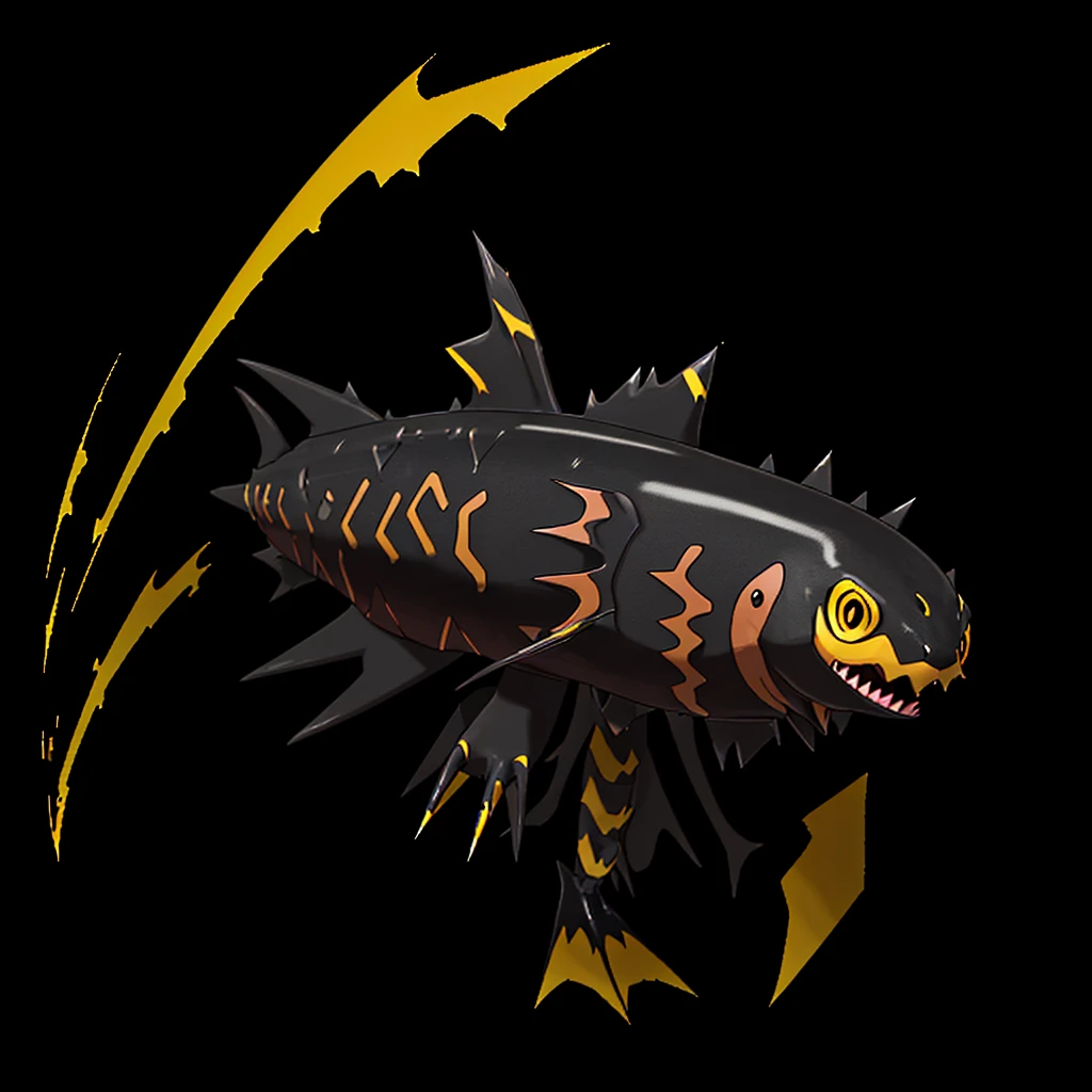 Pokemon salmon, evolved, Yellow eyes, Sharp teeth, legendary, rocky looking, skin colored underneath, black with yellow on top, black stripes on the upper part of the body, pointed tail
