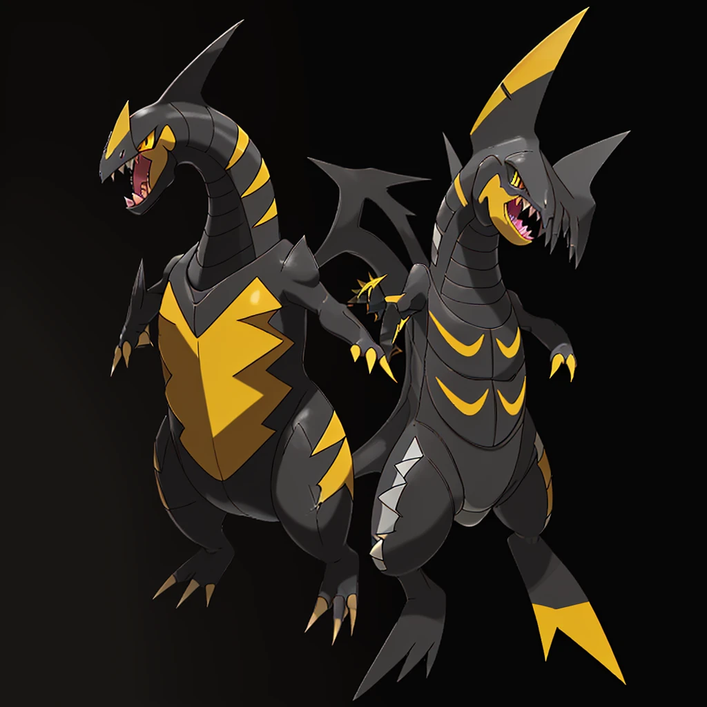 Pokemon salmon, evolved, Yellow eyes, Sharp teeth, legendary, rocky looking, skin colored underneath, black with yellow on top, black stripes on the upper part of the body, pointed tail