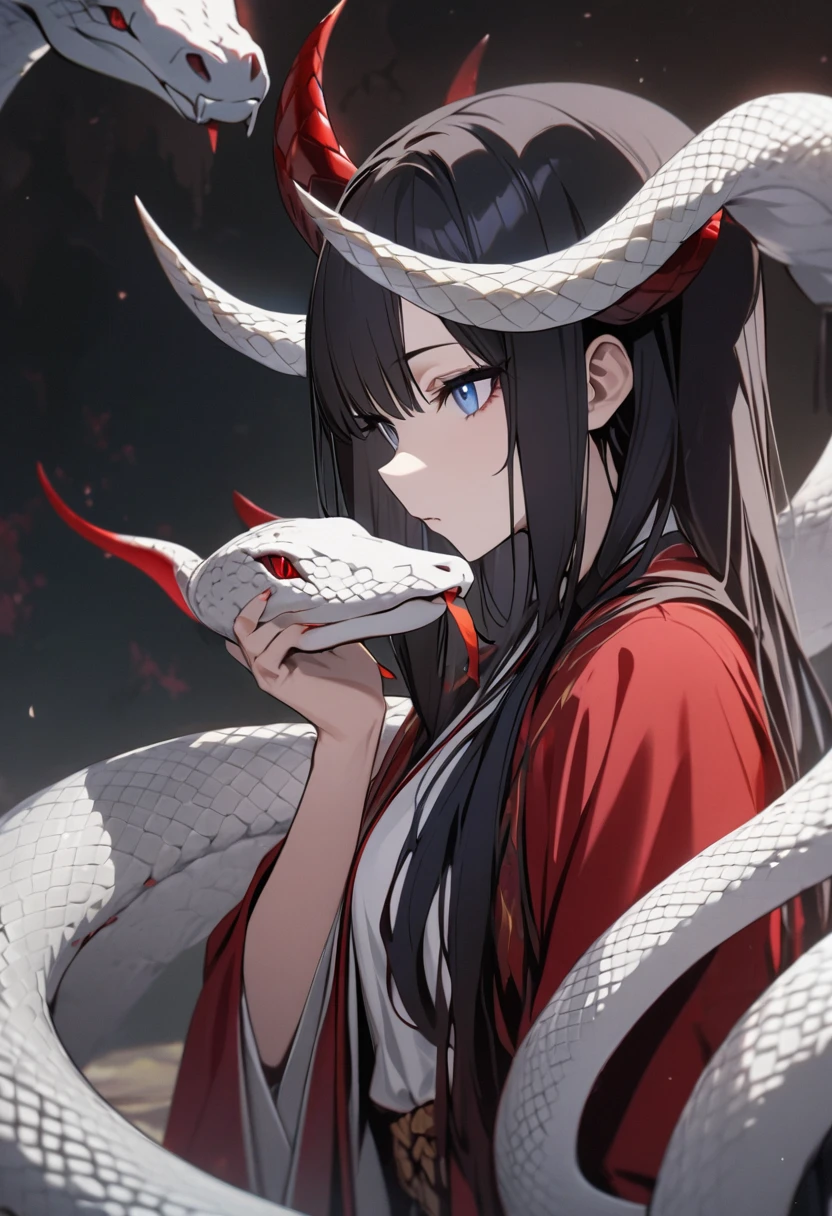 One woman, fair skin, black hair, blue eyes, snake, plain white kosode with red haori, scales, horns growing from the side of the head, masterpiece, top quality