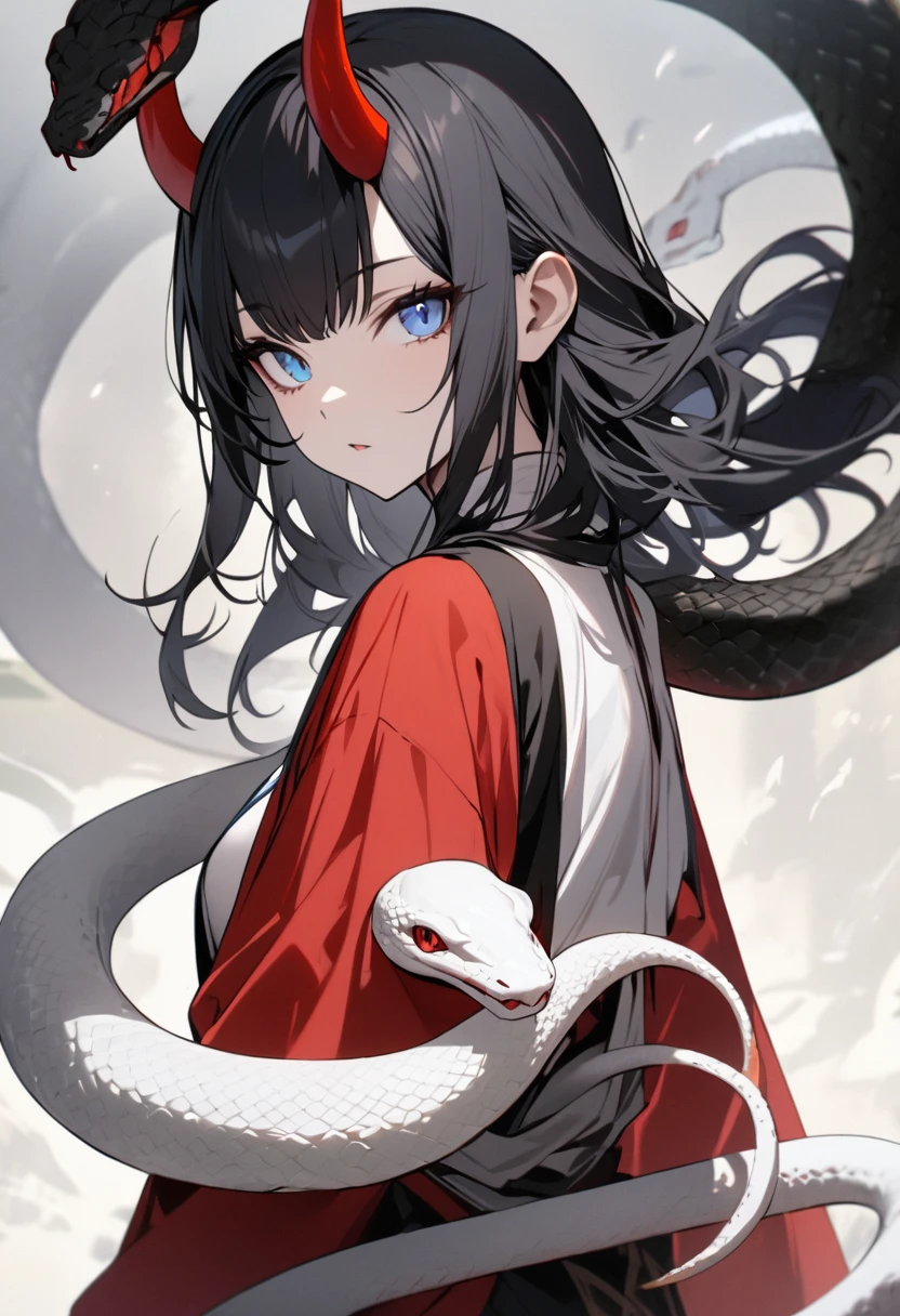 One woman, fair skin, black hair, blue eyes, snake, plain white kosode with red haori, scales, horns growing from the side of the head, masterpiece, top quality