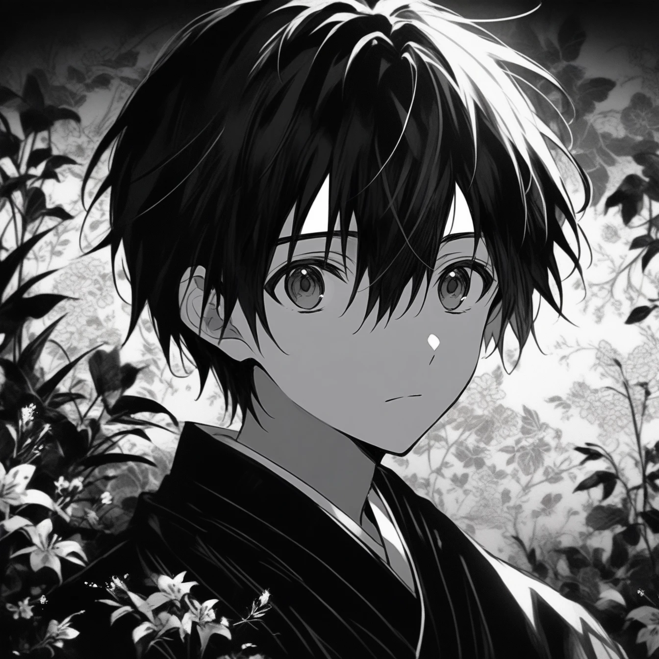 Beautiful anime portrait,Black and gray monochrome,Oriental Wallpaper,Pink,Feeling,very anime style,1boy,Kirigaya Kazuto,Kirito ,Flowers,Close-up,Soft Light,Rich in details,The expression is firm,Kimono decoration,Background blur,Vivid colors,情Feeling深沉,front,Black eyes