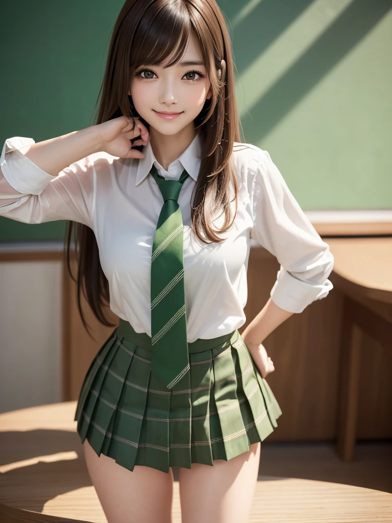 8K, Highest quality, The real picture, Intricate details, Very detailed, Ultra-high resolution, Depth Field,(Realistic,Realistic:1.2),Tabletop , ((Full Body Shot)) , ((Long, slender legs)), 1 girl, eye_Chan, Very beautiful 17 year old girl, innocent big eyes,、Beautiful breasts:1.5、非常に詳細なeye:1.2)、(Beautiful breasts:1.1)、((Brown Hair))、(Long Bob Hair), Asymmetrical bangs, Perfect Skin, Fair skin, Small breasts, Tight waist, alone, Staring at the audience, (smile)、((School_uniform), (White shirt、Wear a tie), (Green checkered pleated micro mini skirt), ((Fold your arms in front of your chest and act arrogantly)), ((楽しそうなsmile)), ((Perfect hand shape))