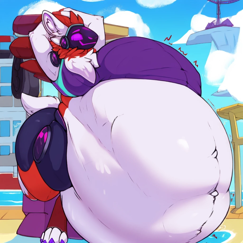 muscular Female Protogen wearing gym clothing, has white fur, has red mechnical parts, has purple eyes, fat, overweight, massive belly, vore, huge stomach, no bra, huge boobs, big breasts, gigantic stuffed stomach 