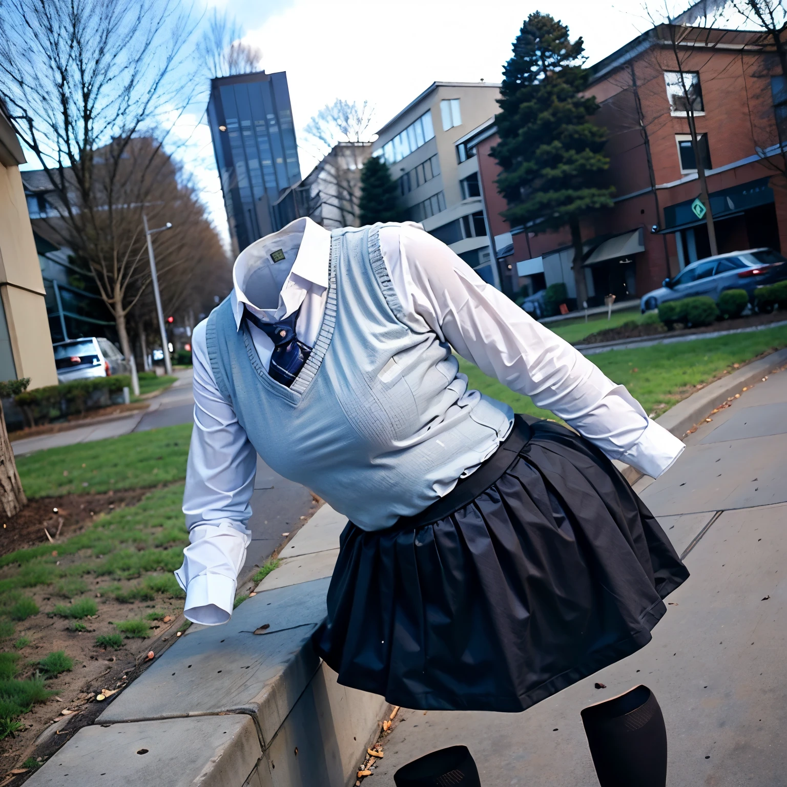 leaning forward, school blouse, sweater vest, stripe tie, plaid skirt, ((fat)), (invisible, no human, headless, handless:1.5)
