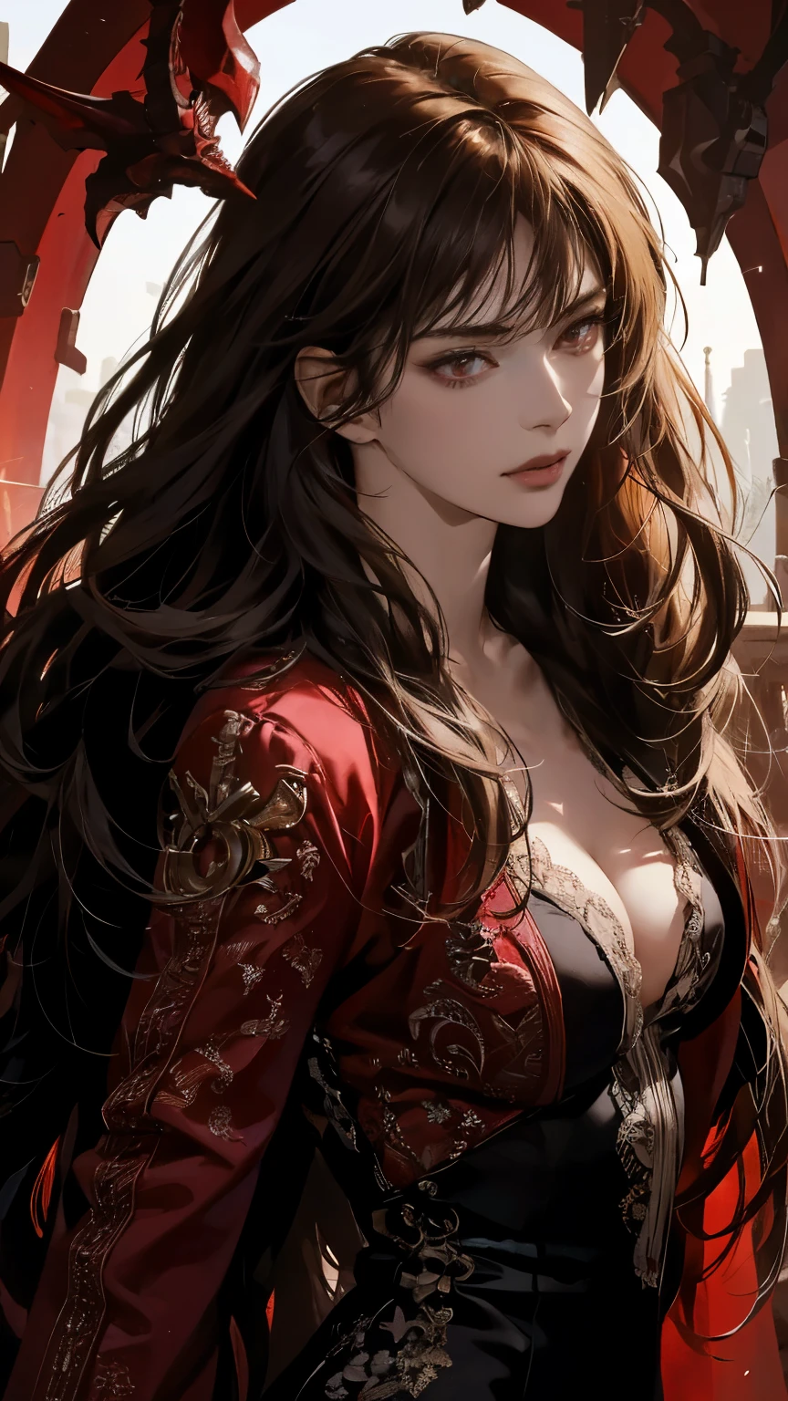(Best Quality,4K,High resolution), 18yo woman, Red mesh hair on black hair, Long hair, Straight hair, , Comical appearance,(Best Quality,4K,High resolution), 18yo woman, Red highlights on black hair, Long hair, Straight hair, Transforming Woman,An abnormal,Cold eyes ,sharp eye,distressed look,Red glowing eyes,Facial expression enhancement,,Changing the Appearance of a Transform,beast,Beastification,Evil Fight,buttle,Delicate illustrations drawn in detail,Torn clothes with decoration,Disheveled clothes,Realistic portrayal,Vibrant colors,expresive,Classic background