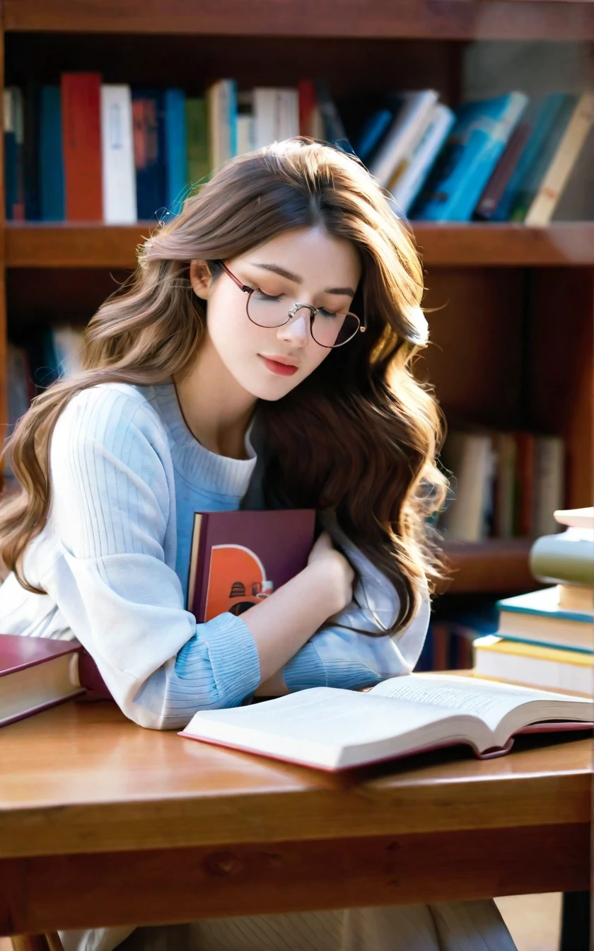 A high-quality, realistic image of a beautiful girl dozing in a cozy library. She is seated at a wooden desk, her head resting on her folded arms atop an open book. Her long, wavy hair cascades over her shoulders, partially covering her peaceful, relaxed face. She has delicate features, with a serene expression and softly closed eyes, suggesting she is in a light, comfortable sleep.

The library is warmly lit, with soft, ambient lighting that creates a tranquil and inviting atmosphere. Shelves filled with books line the background, and a nearby window lets in a gentle stream of natural light. The desk is cluttered with various books, notebooks, and a pair of reading glasses, indicating a productive study session before she drifted off.
Her outfit is casual yet stylish, perfectly,A high-quality, realistic image of a beautiful girl dozing in a cozy library. She is seated at a wooden desk, her head resting on her folded arms atop an open book. Her long, wavy hair cascades over her shoulders, partially covering her peaceful, relaxed face. She has delicate features, with a serene expression and softly closed eyes, suggesting she is in a light, comfortable sleep.

The library is warmly lit, with soft, ambient lighting that creates a tranquil and inviting atmosphere. Shelves filled with books line the background, and a nearby window lets in a gentle stream of natural light. The desk is cluttered with various books, notebooks, and a pair of reading glasses, indicating a productive study session before she drifted off.
Her outfit is casual yet stylish, perfectly,1girl