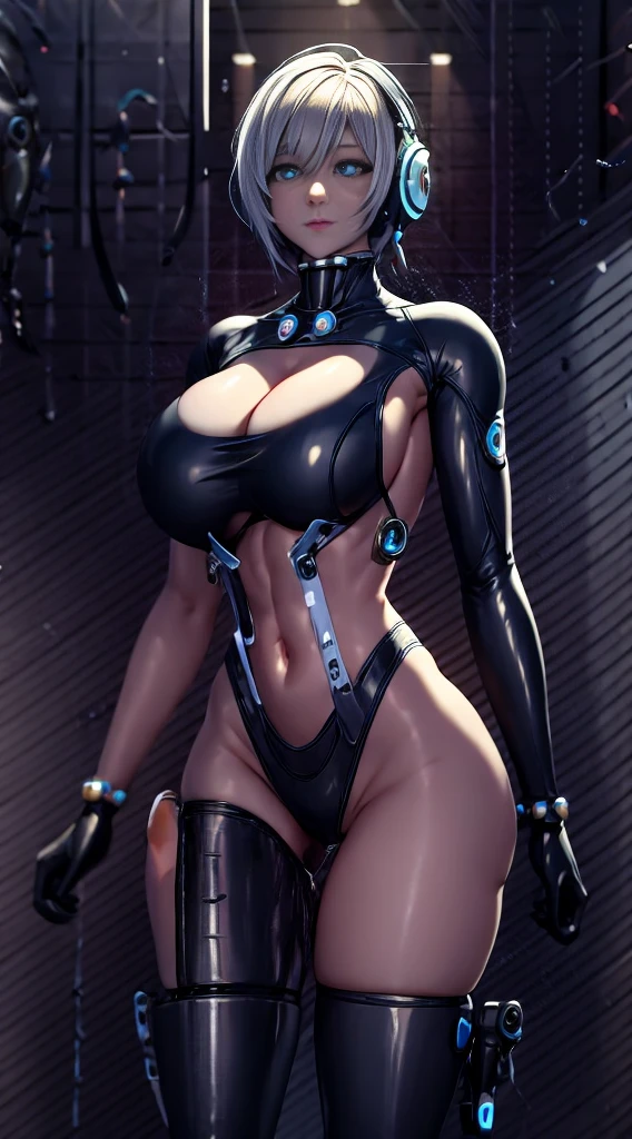 (1GIRL, alone, 独奏), (super detailed face), (Black Long Hair:1.2), (BIG BUTTOCKS, 11 LINE ABS, CLEAVAGE, HUGE FAKE BREASTS:1.5), (MECHA GUARD ARM:1.3), (A girl wearing sexy clothing,scantily clad,Whit cyberpunk sexy maillot,tight clothing,maillot,tight,fitting closely,High slit tight fitting clothing,Glowing eyes,Gloves,(A huge chest:1.4),Large area of skin,The only person,lackluster in one's eyes,A cold expression,White woman,mechanical artificial limb,Mechanical neck,mechanical high heel stiletto boots, Slim waist, Wide hips,High target,Full body portrait,完美的woman身体,woman形象,High-tech laboratory,woman,a voluptuous figure,Mechanical joints,Cyberpunk,Half of the chest is not covered,Thigh gap, Ceramic material,Hollow waist,Facing the audience,very short shaved hair,White hair,crew cut,tomboy, giant breasts, giant ass, very curvy, shiny silver hair, bright blue coloured eyes, cyborg, robotic arms,mechanical parts,Bare thighs,Sexy clothing,Mechanical headphones,Expose buttocks,Bare waist,Large area skin exposure, MECHA GUARD ARMOR LEGS, HIGH HEELS:1.5), (THICC MUSCULAR FEMALE BODY, SEXY LONG LEGS:1.1), (LOOKING AT VIEWER:1.3), (female focus:0.886),(BRIGHT LIGHTING:1.5), ULTRA HIGHT DEFINITION,Whit,highleg leotard,cyborg,cyberpunk