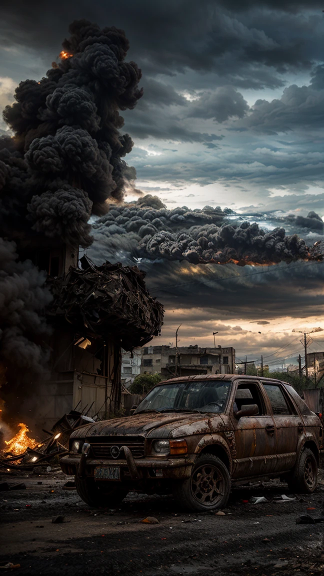 (best quality,ultra-detailed,realistic:1.37),The asteroid hitting the earth,devastation,widespread destruction,smoke and fire,rippling shockwave,crumbling buildings,falling debris,chaos and panic,surreal atmosphere,dusk lighting,epic disaster,people fleeing in terror,apocalyptic scenery,widespread chaos,ruined cityscape,dark clouds looming,explosion and flames,massive impact crater,ground shaking,molten rocks,flying debris,emotionally charged,desperate survival,ominous sky,abandoned streets,wrecked vehicles,overwhelming sense of destruction,post-apocalyptic landscape,heart-wrenching scenes,devastating aftermath,city in ruins,desolate wasteland,overcast sky,despair and loss,damaged infrastructure,breathtaking destruction,unimaginable catastrophe,bleak and grim,scorching blaze,uncertain future.