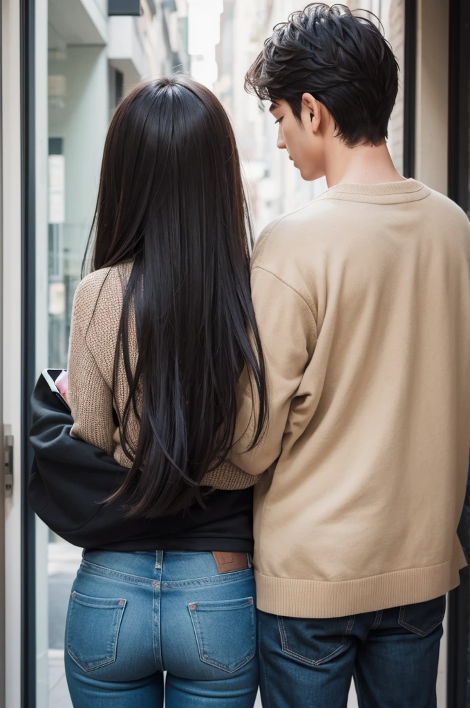 Create a book cover, with a couple with their backs to each other looking at a cell phone