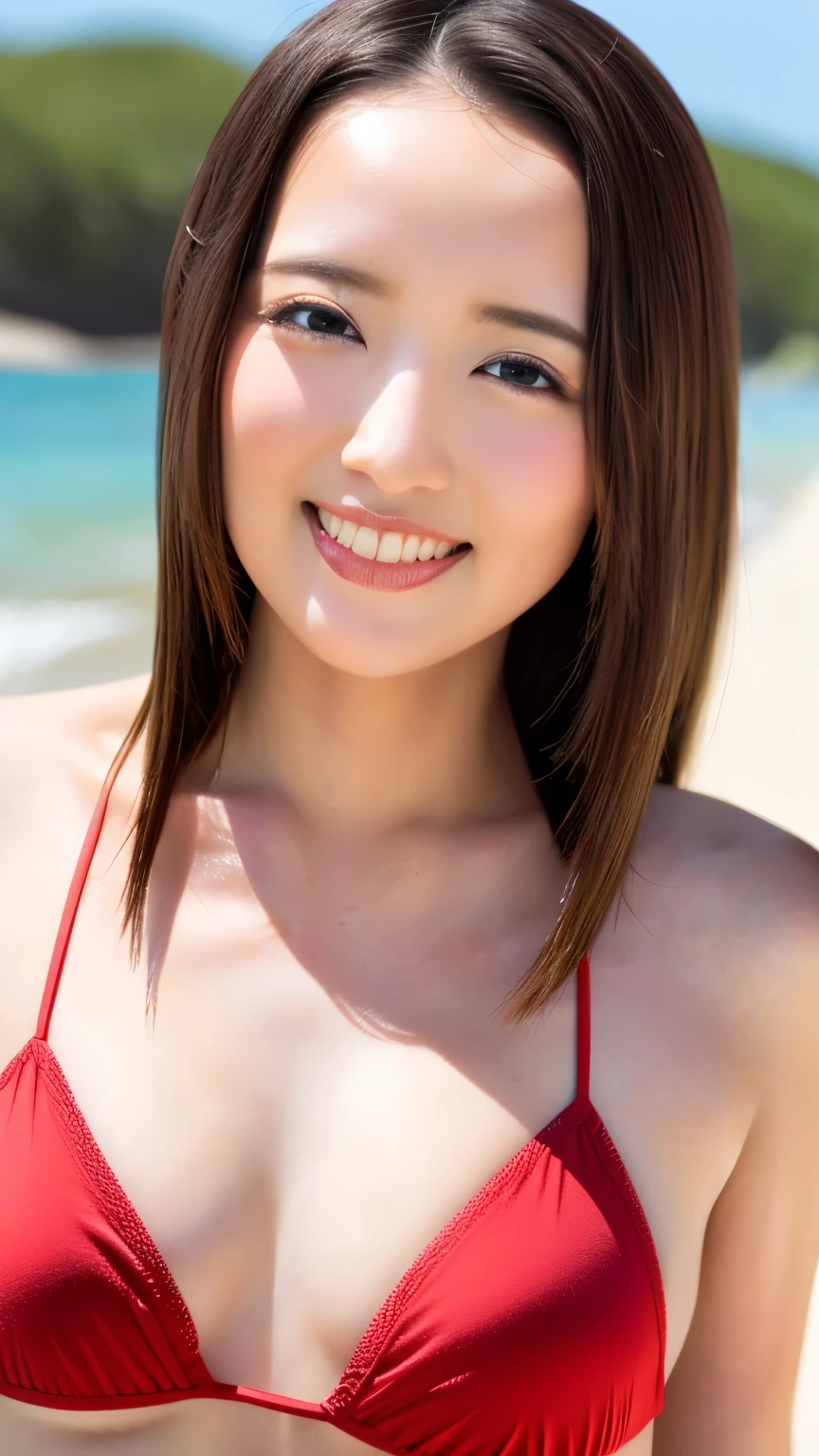 (Highest quality、masterpiece、8K、Best image quality、Hyperrealism、Award-winning works)、1 female、(alone:1.1)、(1 photo:1.1)、(Bright red bikini:1.1)、(最も自然でwide々Standing on a beautiful and perfect beach:1.2)、(wide々としたBeautiful sea岸に立っている:1.2)、(Beautiful perfect sandy beach:1.2)、(Beautiful sunny sky:1.1)、(Beautiful thunderclouds:1.1)、Beautiful sea、(透き通って鮮やかなBeautiful sea:1.1)、(very bright and vivid:1.1)、(The biggest smile looking at me:1.1)、Showing off beautiful teeth、Complex sea glow、Beautiful seaの詳細を描写する、Accurate anatomy、Perfect Makeup、Long eyelashes、Glossy Lips、Ultra HD glossy skin、(Ultra-high resolution, bright and beautiful skin:1.1)、超高精細のGlossy Lips、(very bright and vivid:1.1)、Close-up of face、Standing Elegantly、(very brightly lit face:1.1)、(Very light skin:1.1)、(Bright and glowing skin:1.1)