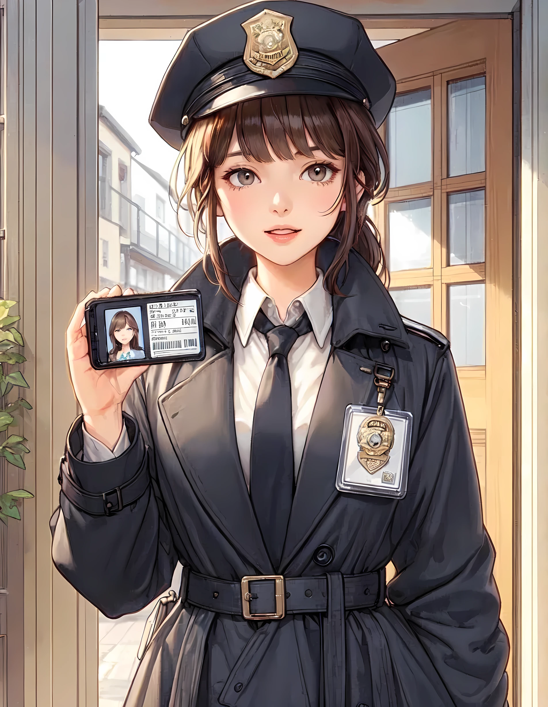 1lady standing, ((showing police badge:1.1) with photo ID) to viewers, female detective, police, (black trench coat) over business suit, (mature female:0.8), /(light brown hair/) bangs, speaking, (light smile:0.4), (open mouth:0.6), (masterpiece best quality:1.2) delicate illustration ultra-detailed, large breasts BREAK (apartment entrance) outdoors, (open door), residential area, detailed background